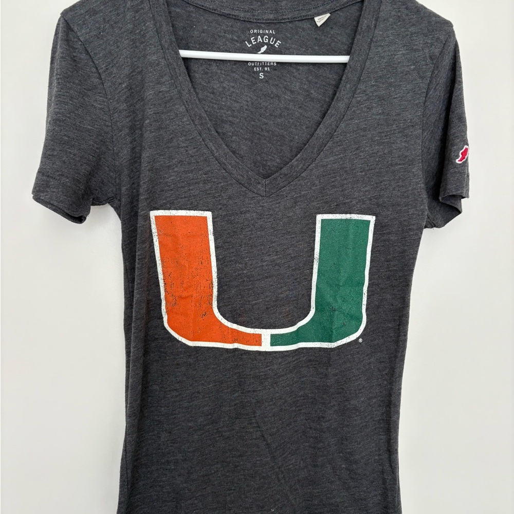 League Women's Charcoal V-Neck Tee with Orange and Green Logo